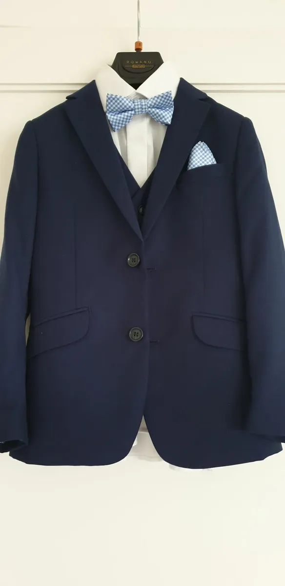 Boy’s Navy Suit, Shirt & Tie, & Black Shoes, 8-9 - Image 1