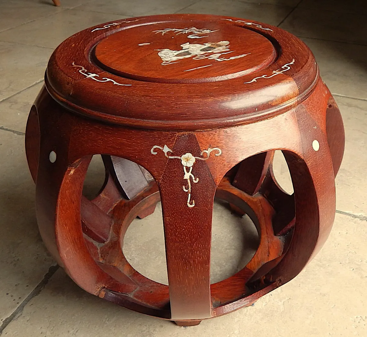 Mahogany Drum Stool with Mother of Pearl Inlay - Image 3