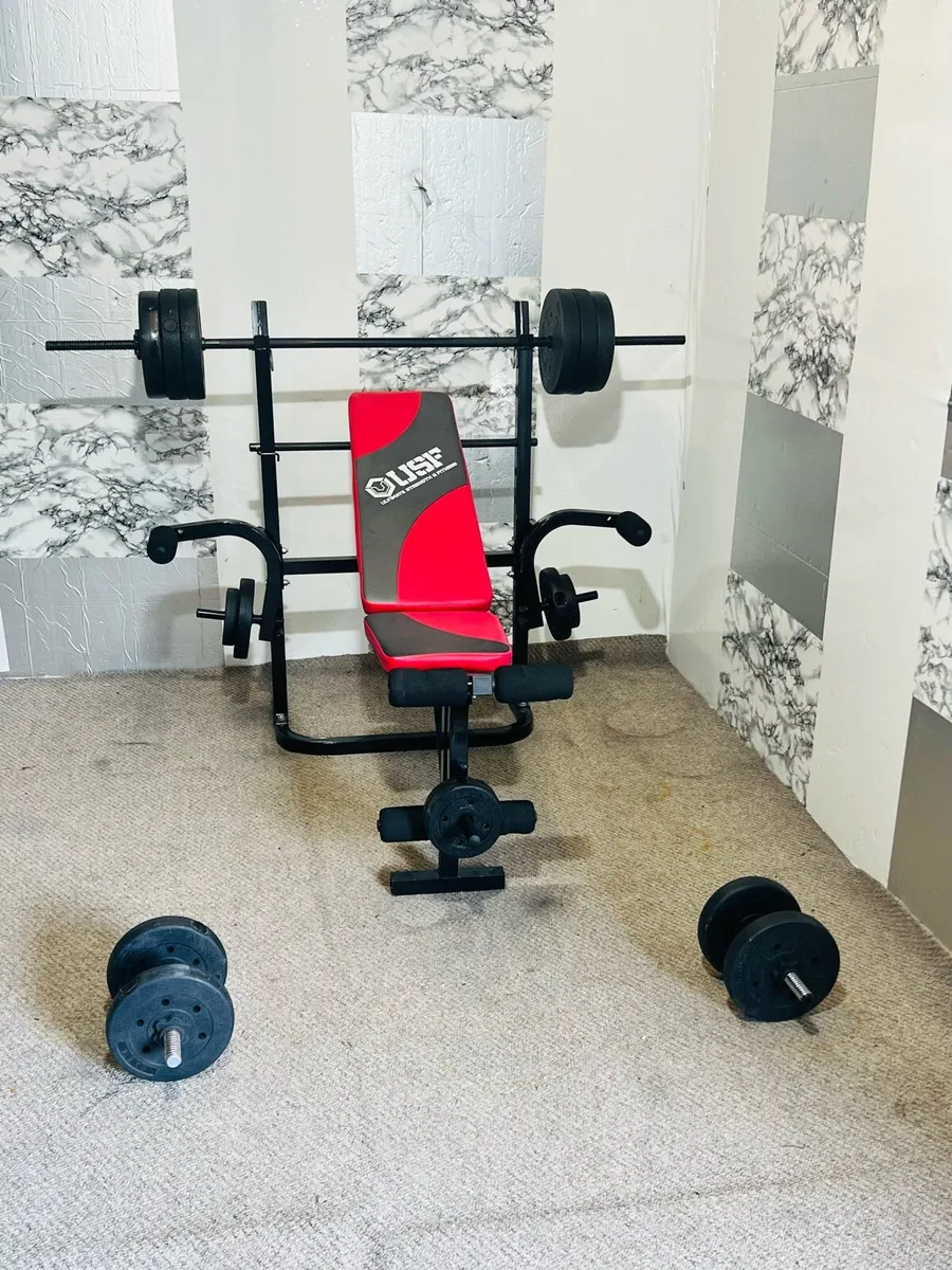 USF BENCH 50KG WEIGHTS BARBELL SET DUMBBELLS - Image 2