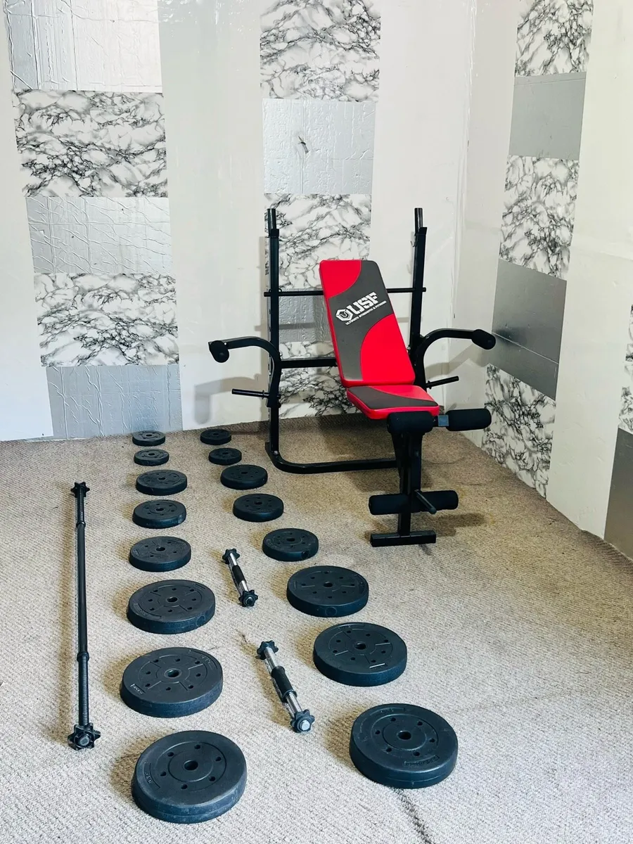 USF BENCH 50KG WEIGHTS BARBELL SET DUMBBELLS - Image 1