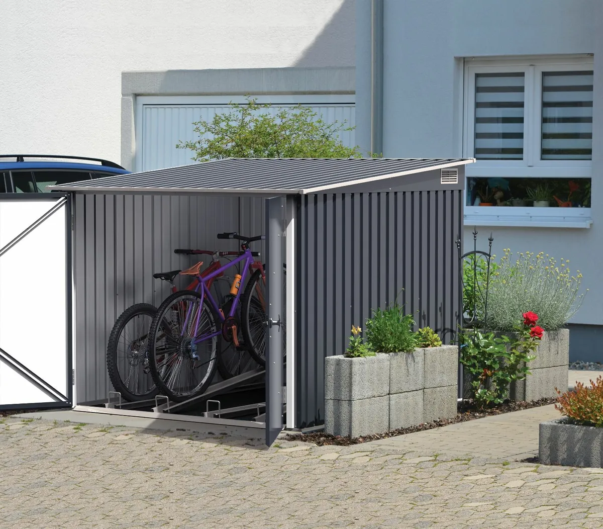 6x6 Steel Grey Bicycle Sheds with Ramps. - Image 2