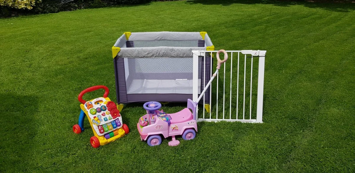 Childs cot, stair gate, and two toys - Image 2