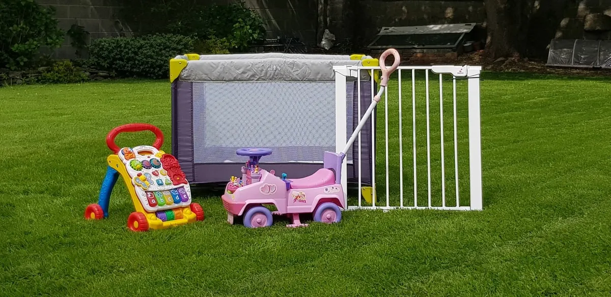 Childs cot, stair gate, and two toys - Image 4