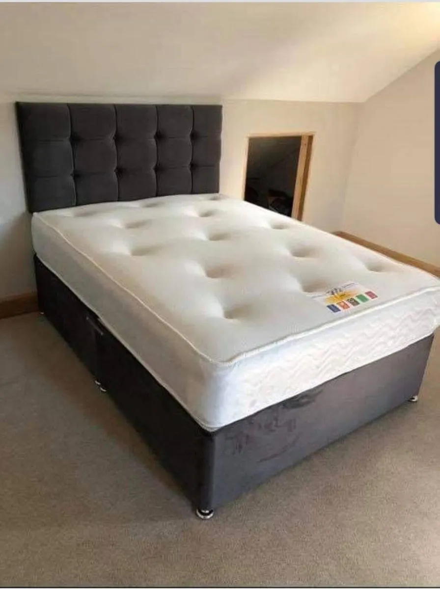 Grey plush velvet divan base beds and mattresses - Image 1