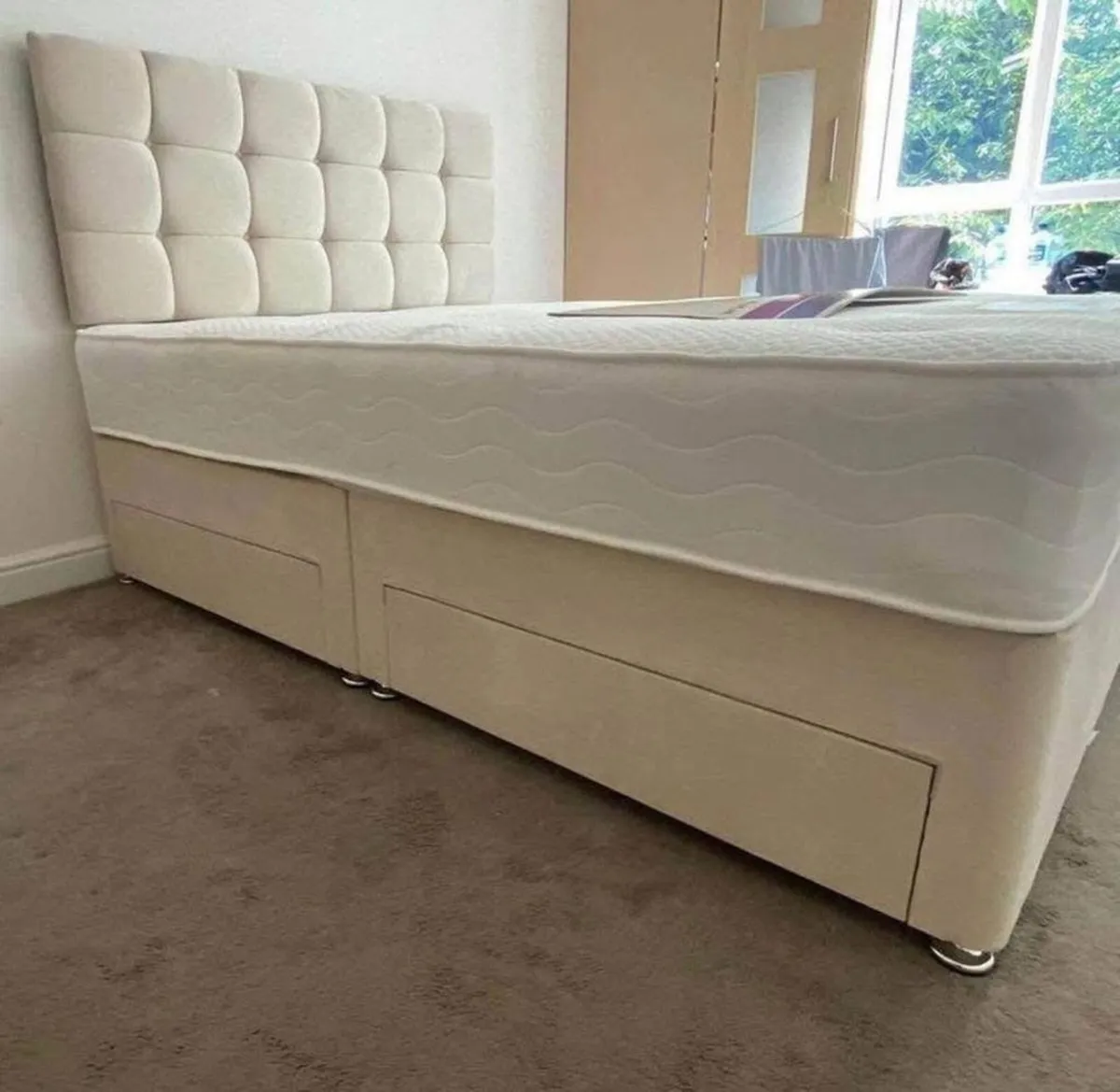 4ft cream plush velvet divan bed and mattress