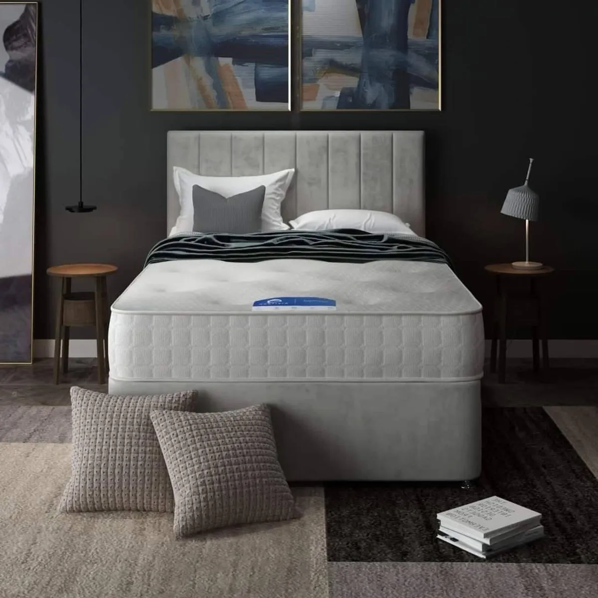 4ft grey plush velvet divan and mattress - Image 4