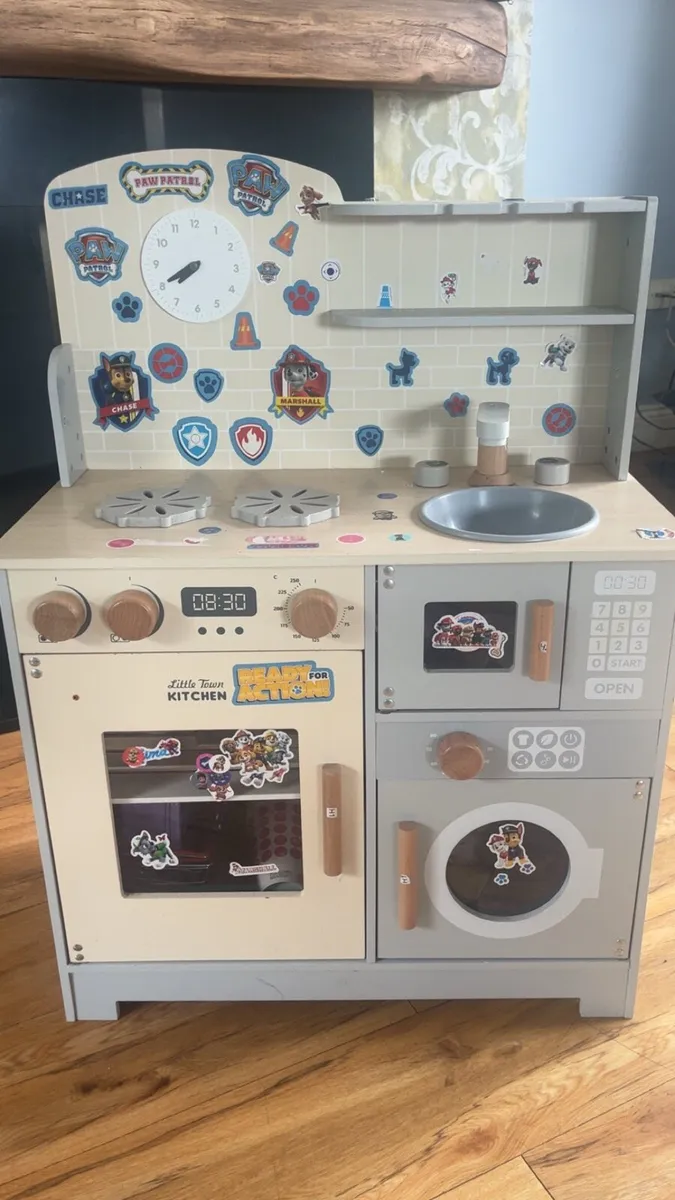 Little town wooden kitchen, fridge and microwave - Image 1