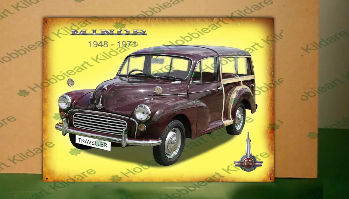 Morris Minor Traveller classic car tin sign - Image 1