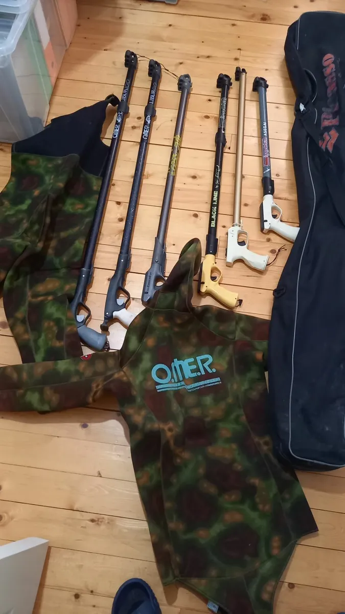 Spearfishing weapons, suit and guns, bag, harpoons