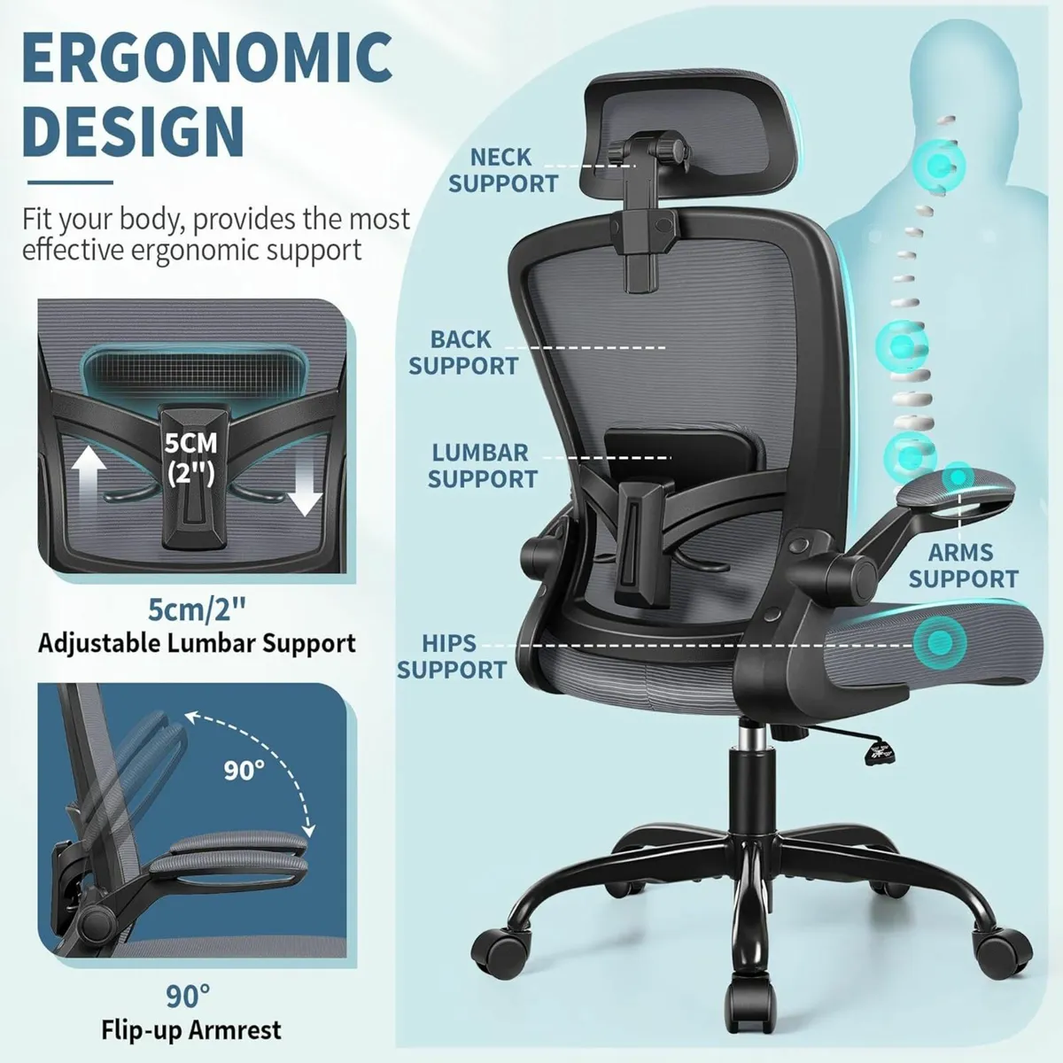 Ergonomic Office Chair Headrest Desk Chair grey - Image 3
