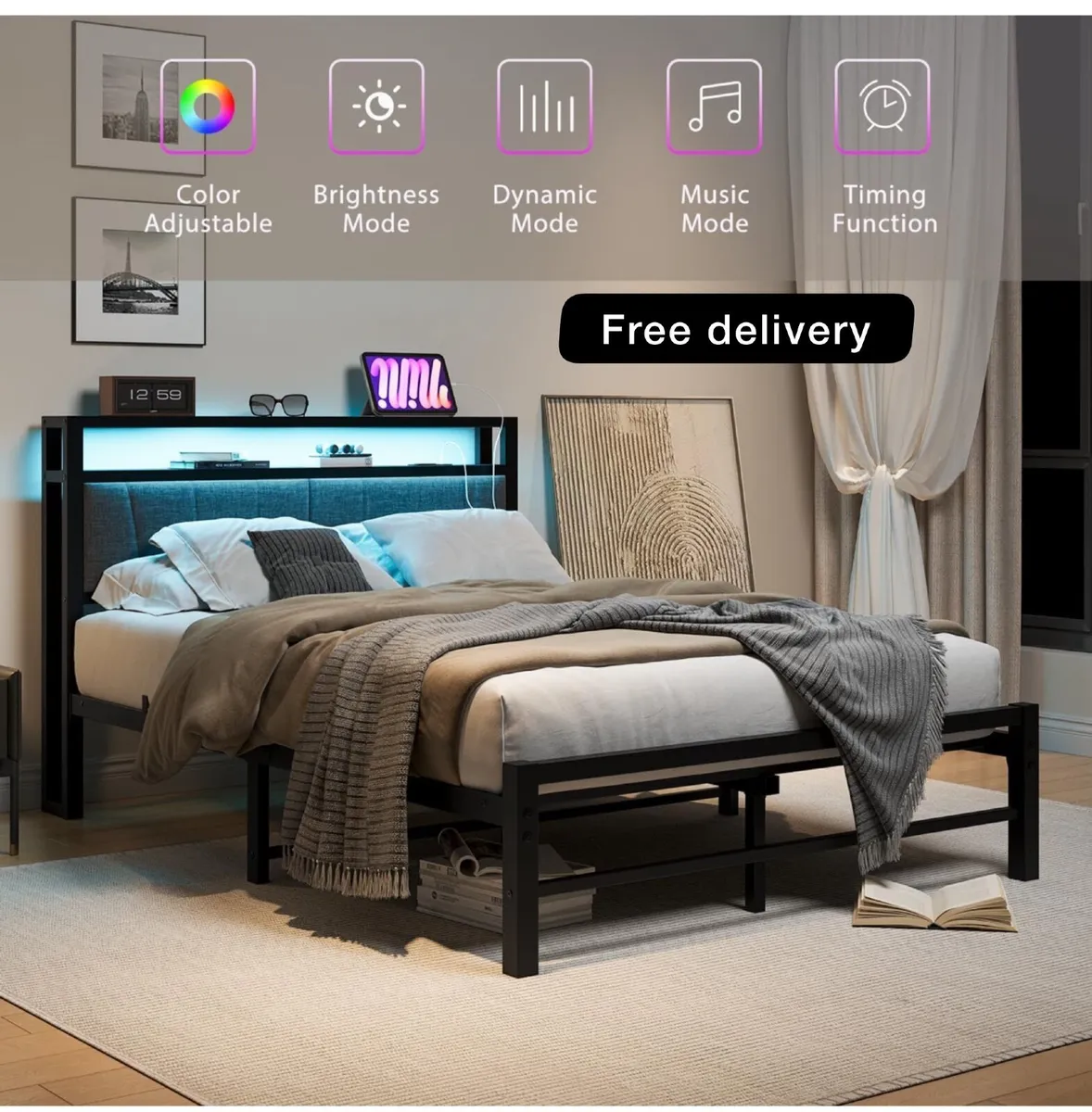Double Bed Frame with Storage and LED Lights - Image 1
