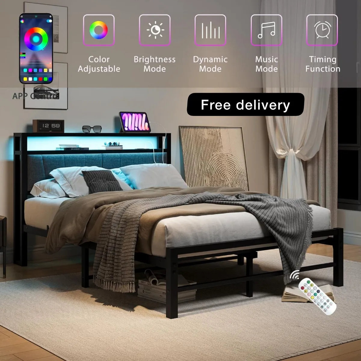 King Size Bed Frame with Storage and LED Lights - Image 1
