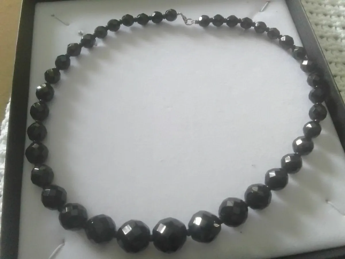 BLACK JET BEADED STERLING SILVER NECKLACE 18" - Image 1