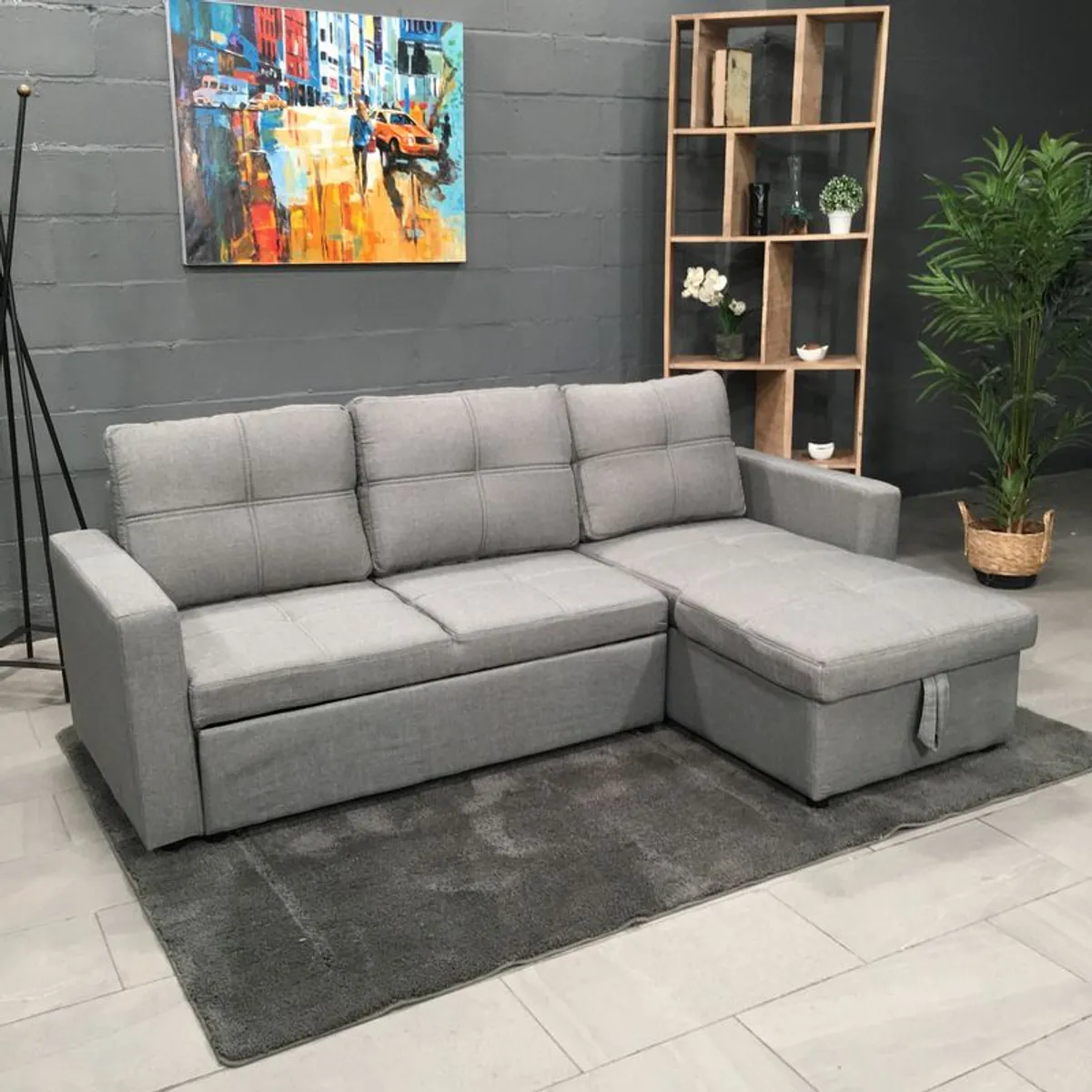 Light grey velvet Corner Sofa Bed with Storage & Pull-Out Base Free delivery - Image 1