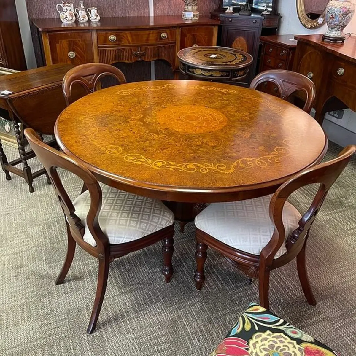 Victorian burr walnut marquetry round pod table & - Image 1