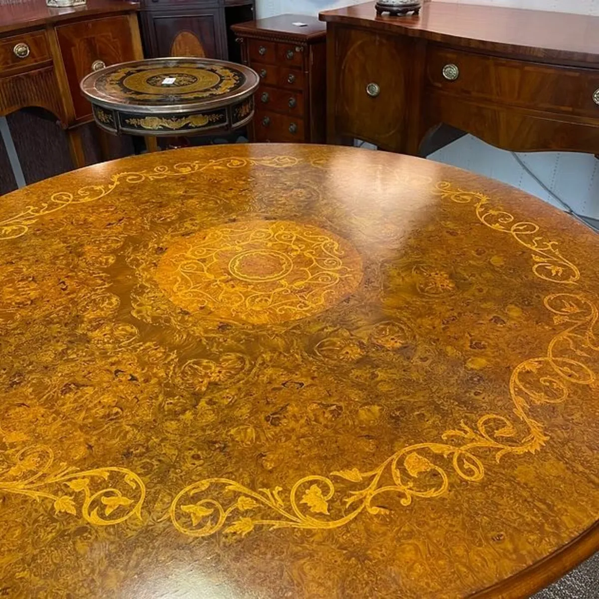 Victorian burr walnut marquetry round pod table & - Image 2