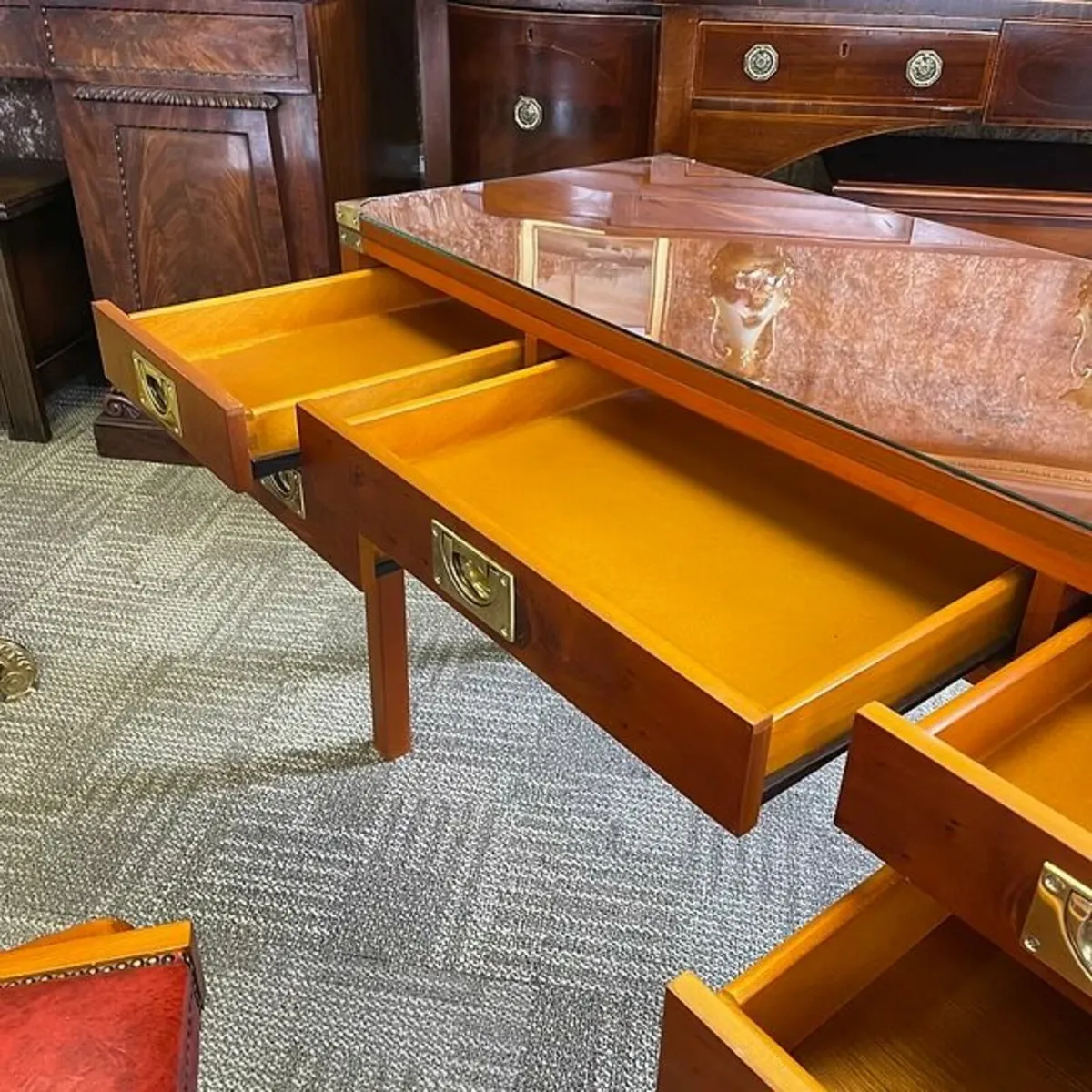 Beautiful yew campaign writing/console table - Image 3