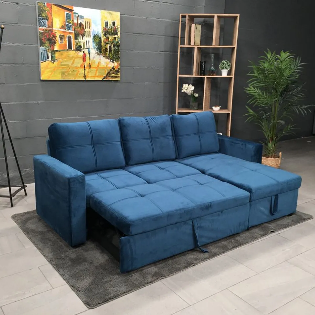 Blue Corner Sofa Bed with Storage & Pull-Out Base - Image 1