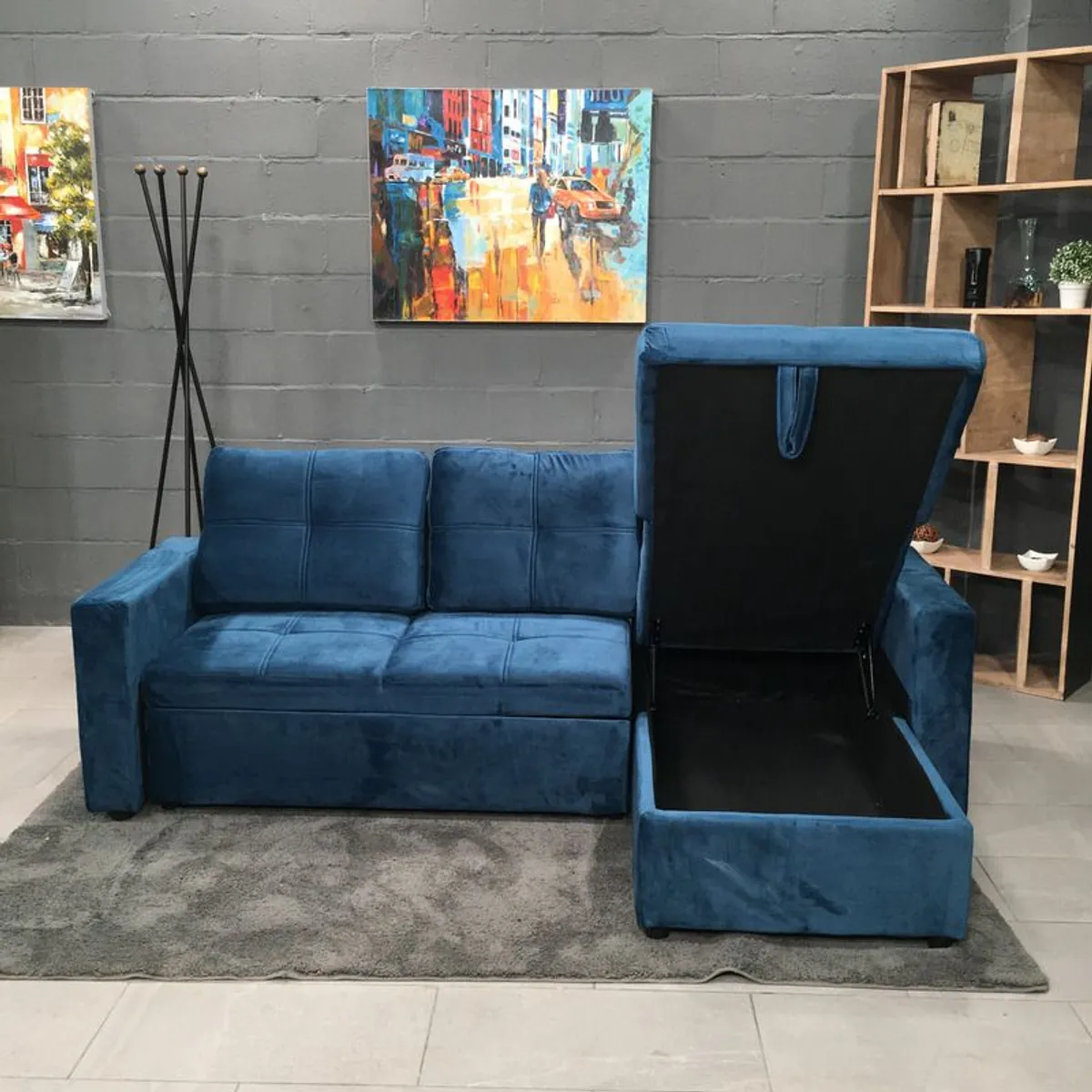 Blue Corner Sofa Bed with Storage & Pull-Out Base - Image 2