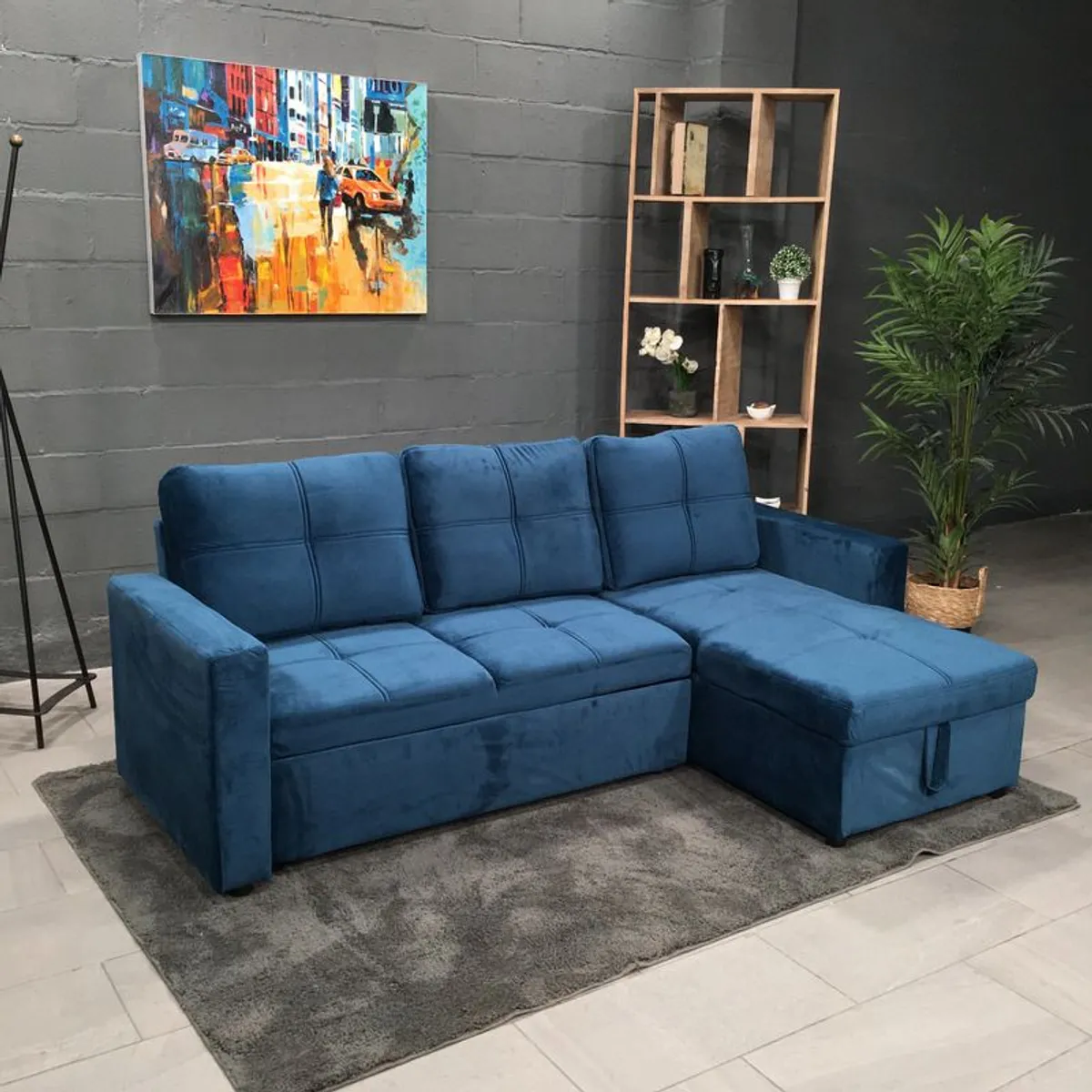 Blue Corner Sofa Bed with Storage & Pull-Out Base - Image 3