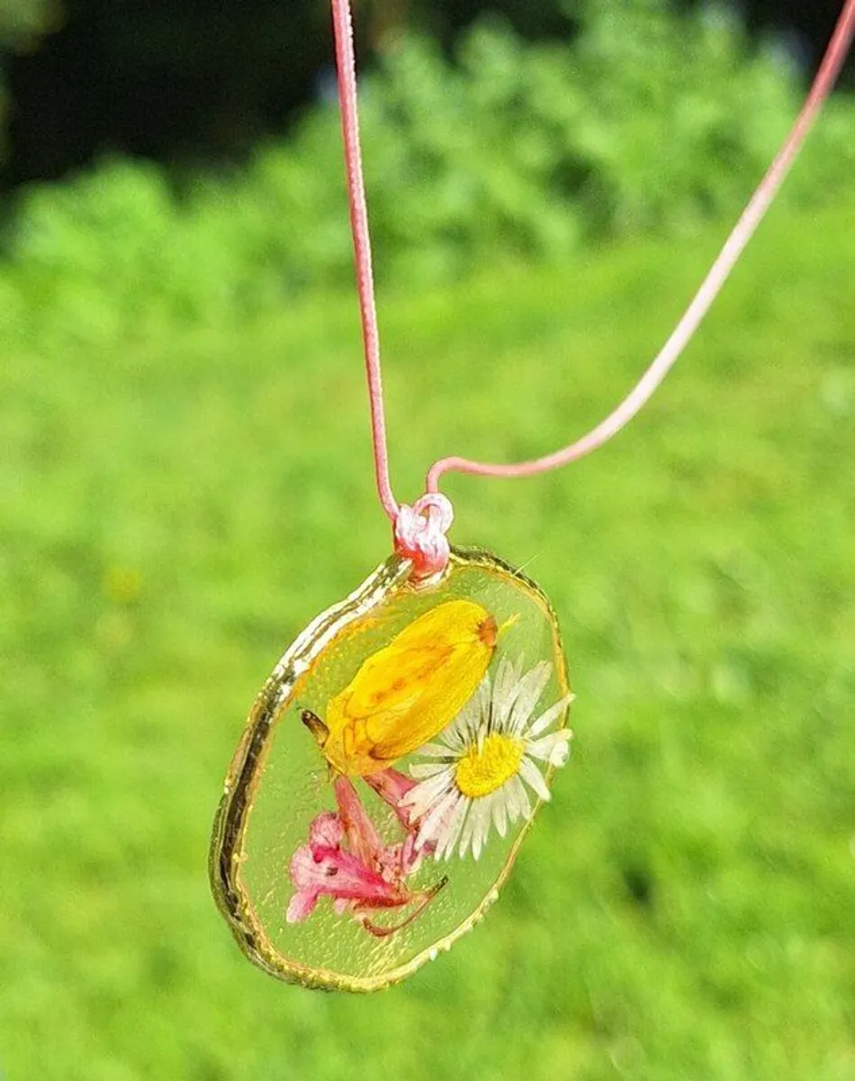 Pressed Flower Resin Pendant Real Wildflowers Necklace Handmade Irish Spring Jewelry  Dainty Floral Gift on Pink Cord - Image 1