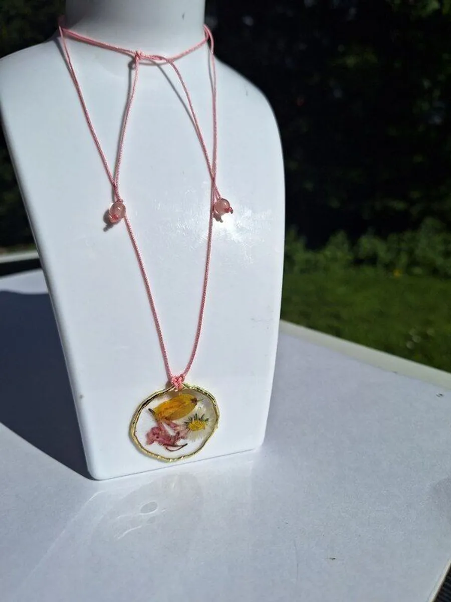 Pressed Flower Resin Pendant Real Wildflowers Necklace Handmade Irish Spring Jewelry  Dainty Floral Gift on Pink Cord - Image 2