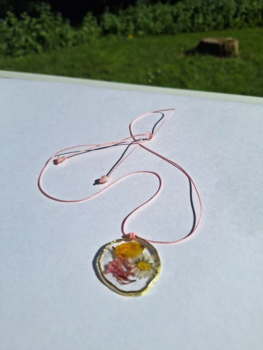 Pressed Flower Resin Pendant Real Wildflowers Necklace Handmade Irish Spring Jewelry  Dainty Floral Gift on Pink Cord - Image 3