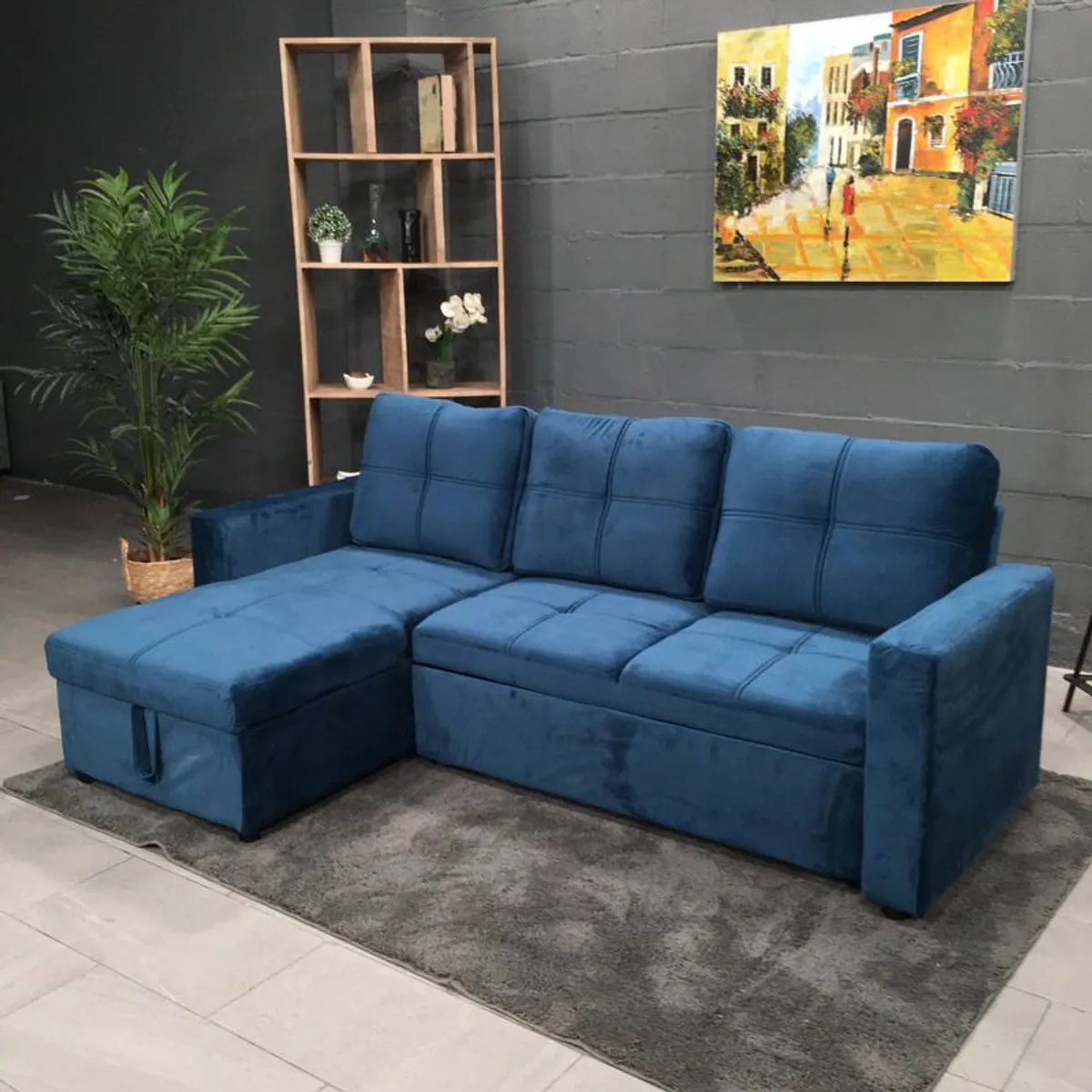 Blue Corner Sofa Bed with Storage & Pull-Out Base - Image 4