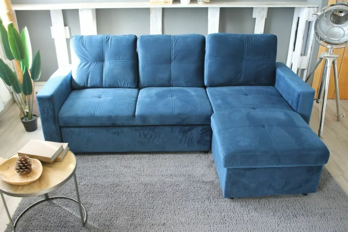 Blue velvet sofa with Storage Free delivery - Image 1