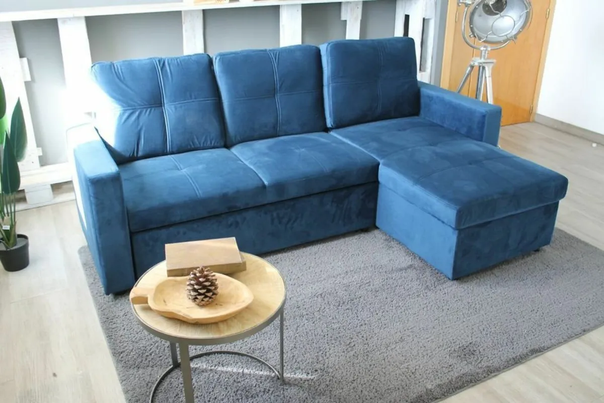 Blue velvet sofa with Storage Free delivery - Image 3