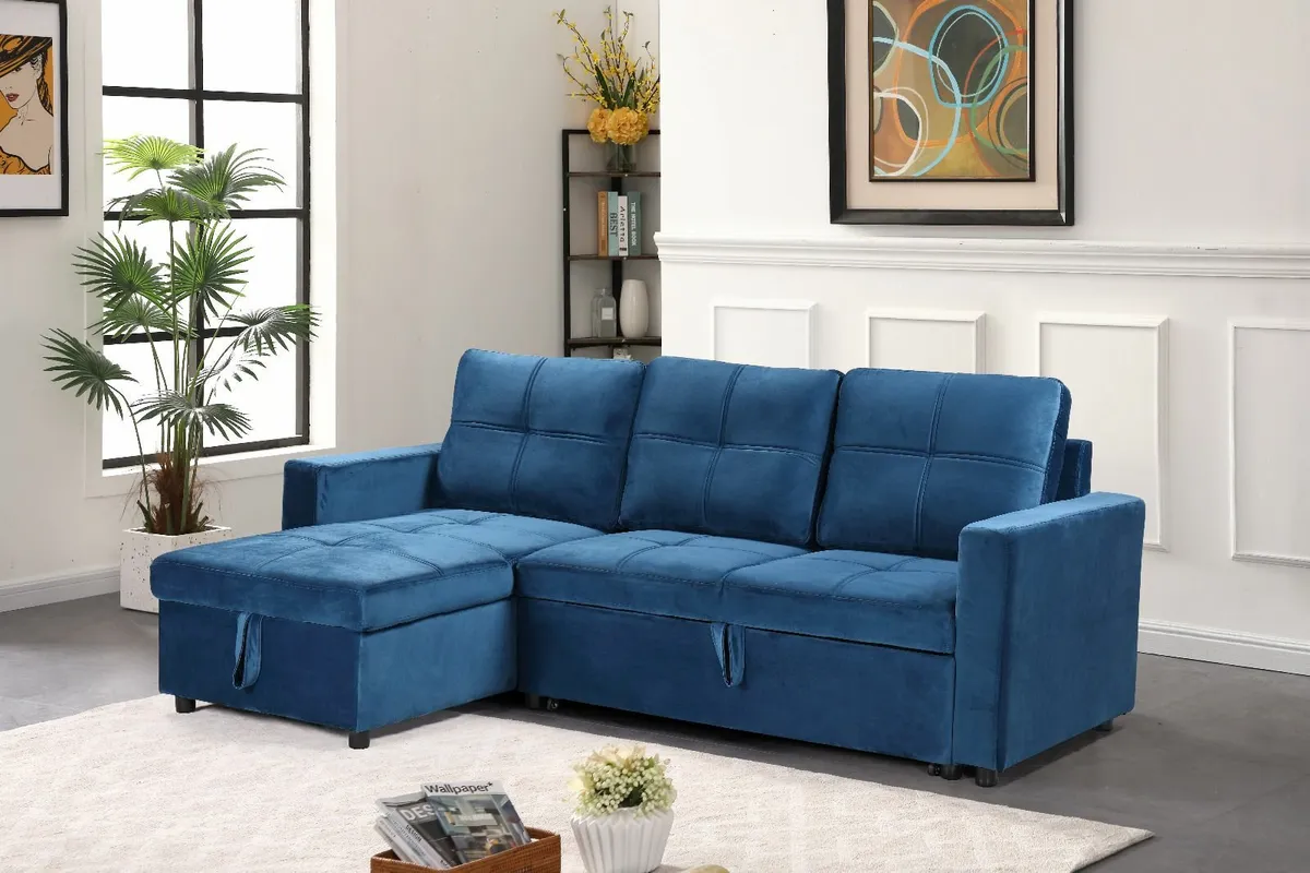 Blue velvet sofa with Storage Free delivery - Image 1