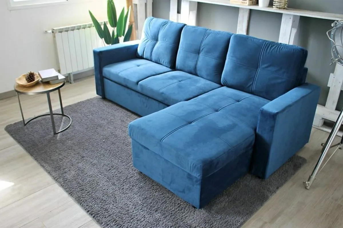 Blue velvet sofa with Storage Free delivery - Image 3
