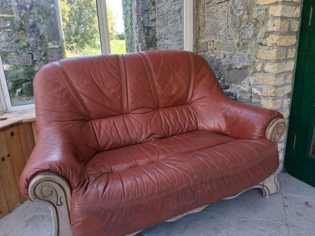 2 seater leather with timber couch - Image 1