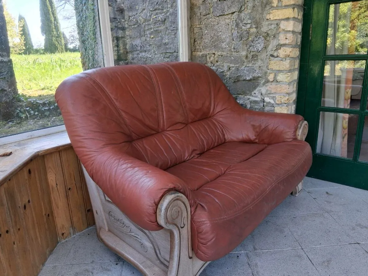 2 seater leather with timber couch - Image 2