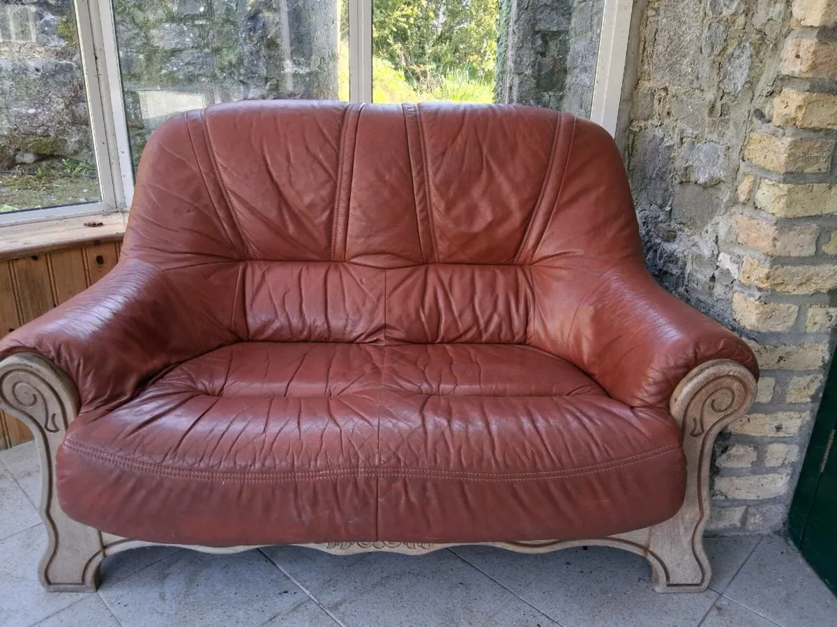2 seater leather with timber couch - Image 3