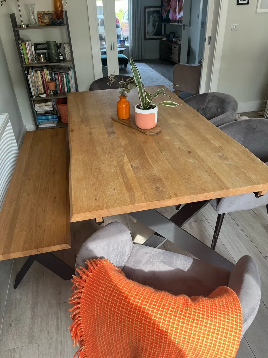 Solid oak Dining table, matching bench and 4 grey - Image 2