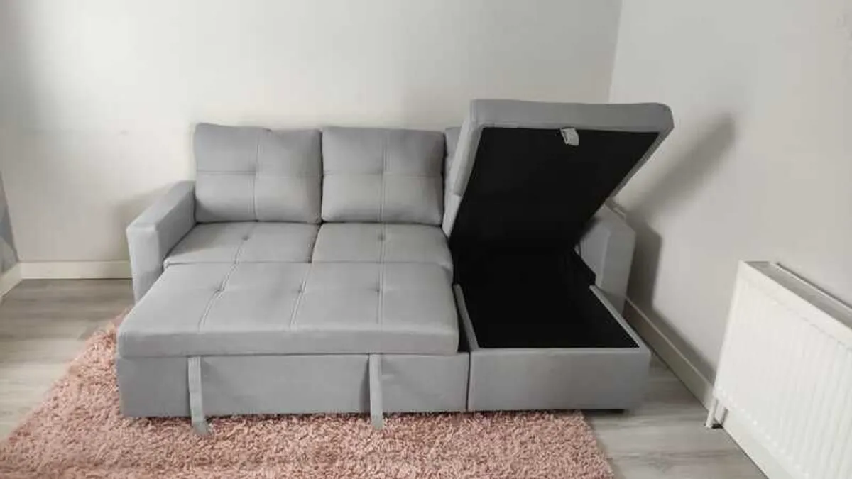 Light Grey Corner Sofa Bed with Storage & Pull-Out Base - Image 2