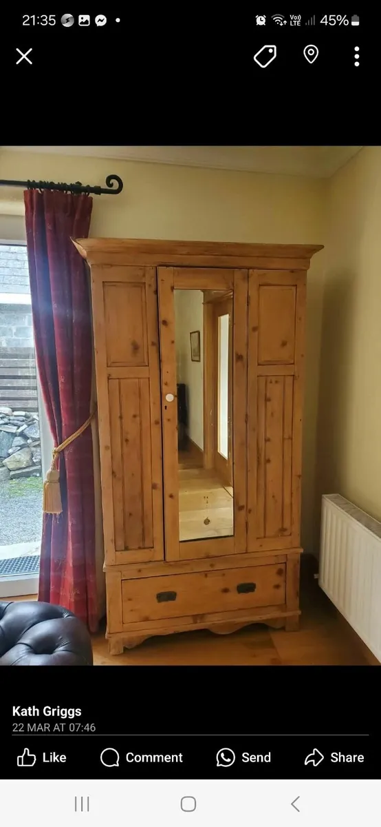 Antique pine wardrobe.     Measurements 187cm h - Image 1