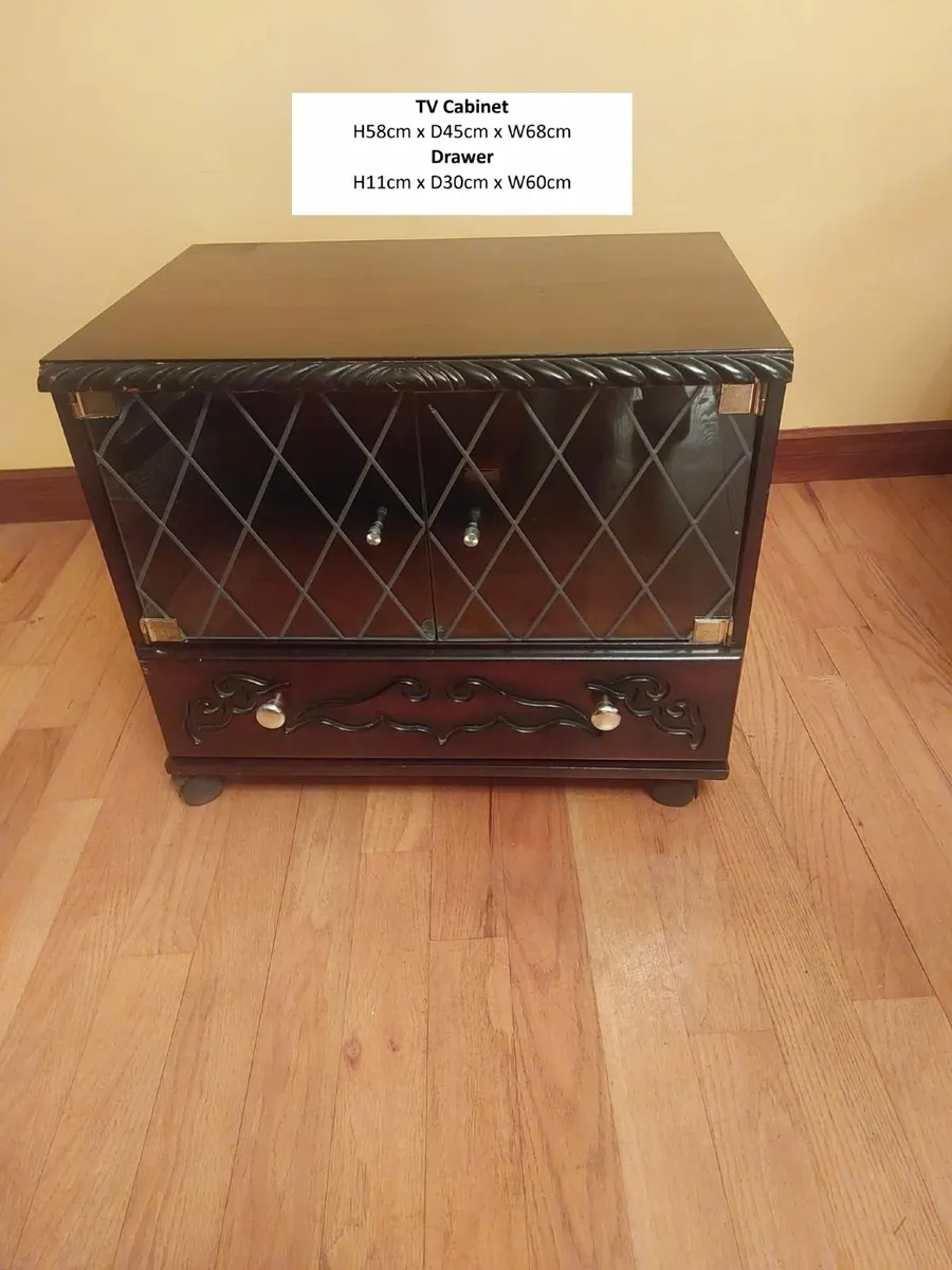 Dark Wood TV Stand with Glass Doors and Drawer