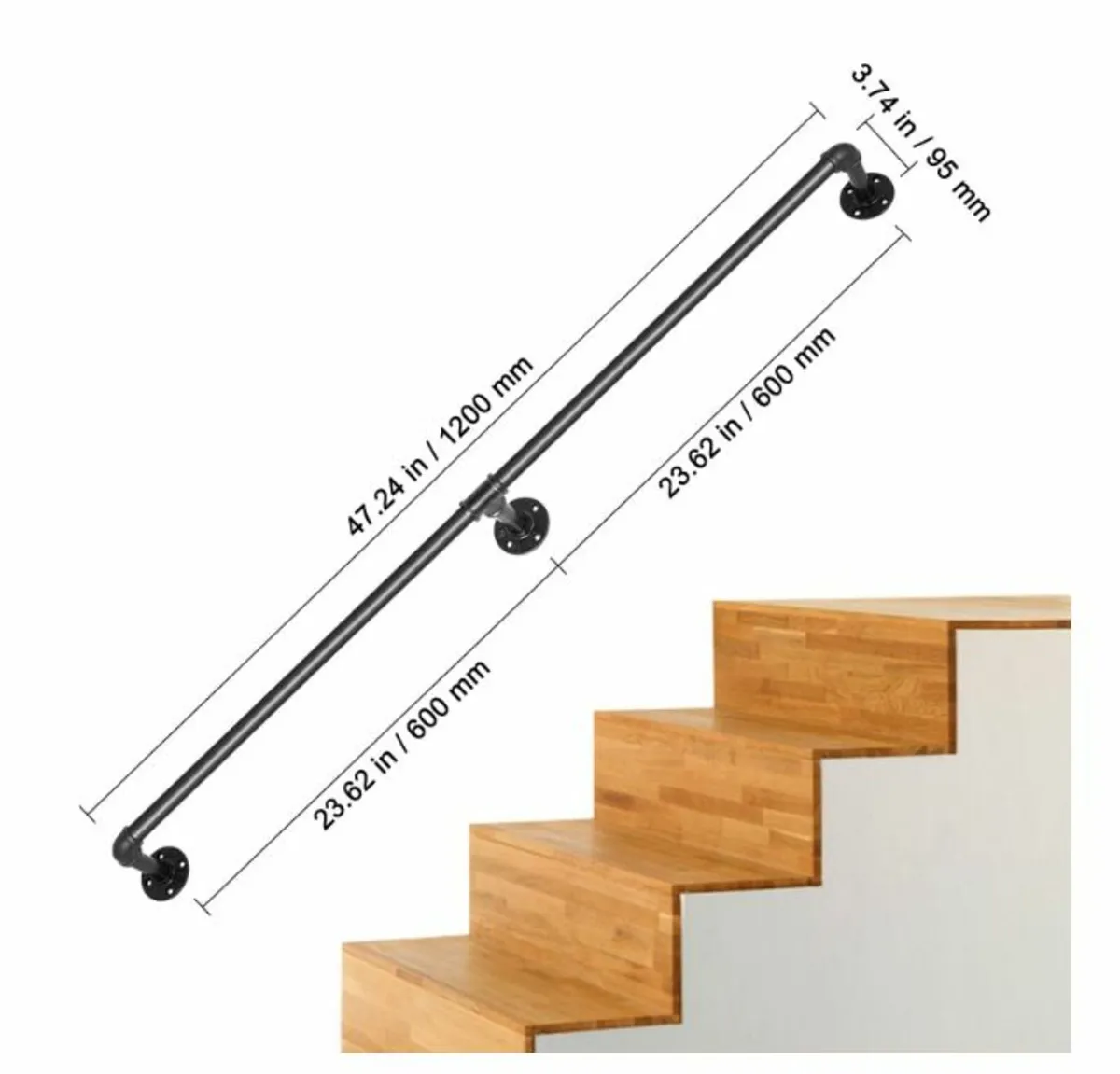 4FT Pipe Staircase Handrail w/ Wall Mount Support - Image 2