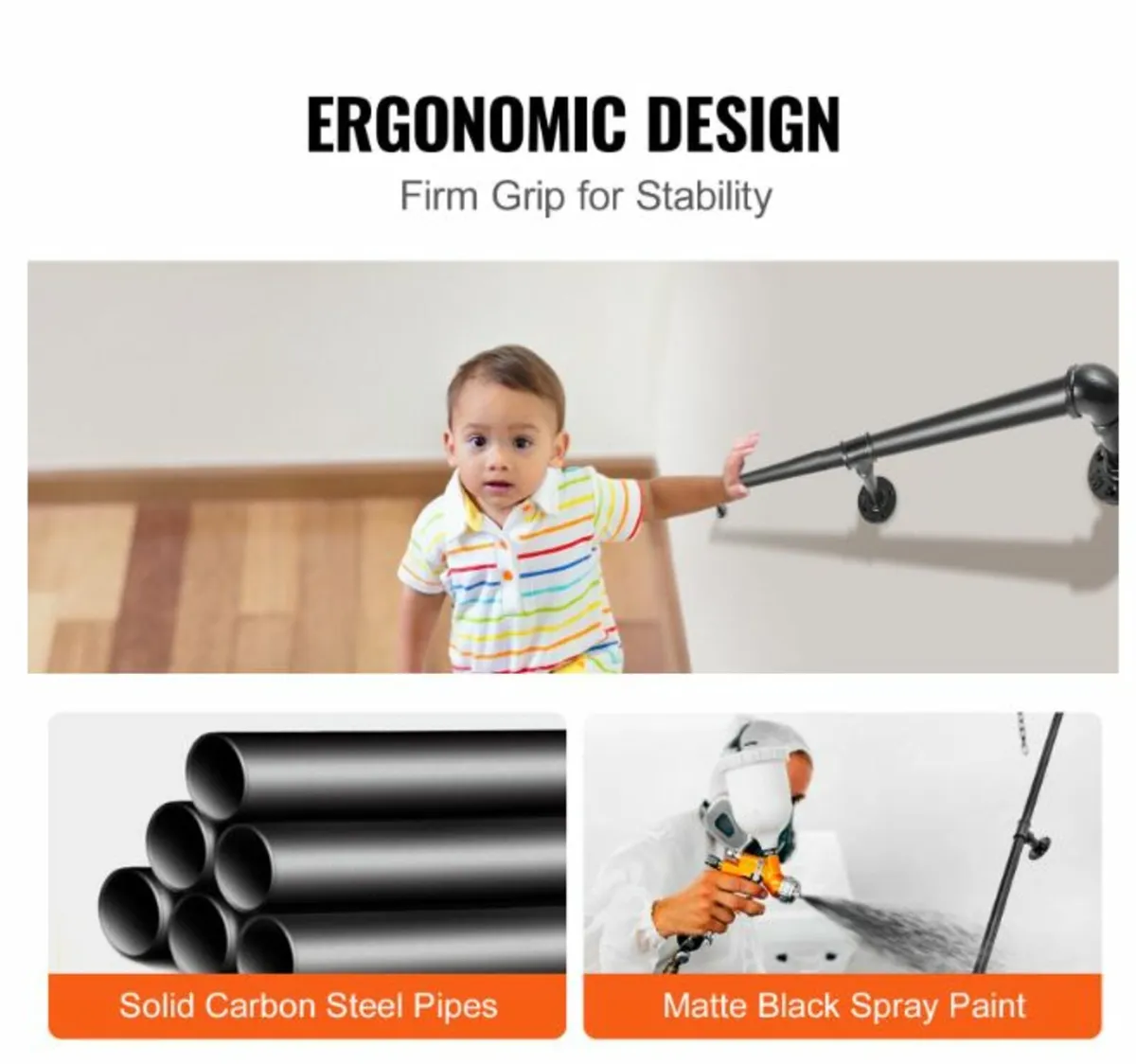 4FT Pipe Staircase Handrail w/ Wall Mount Support - Image 4
