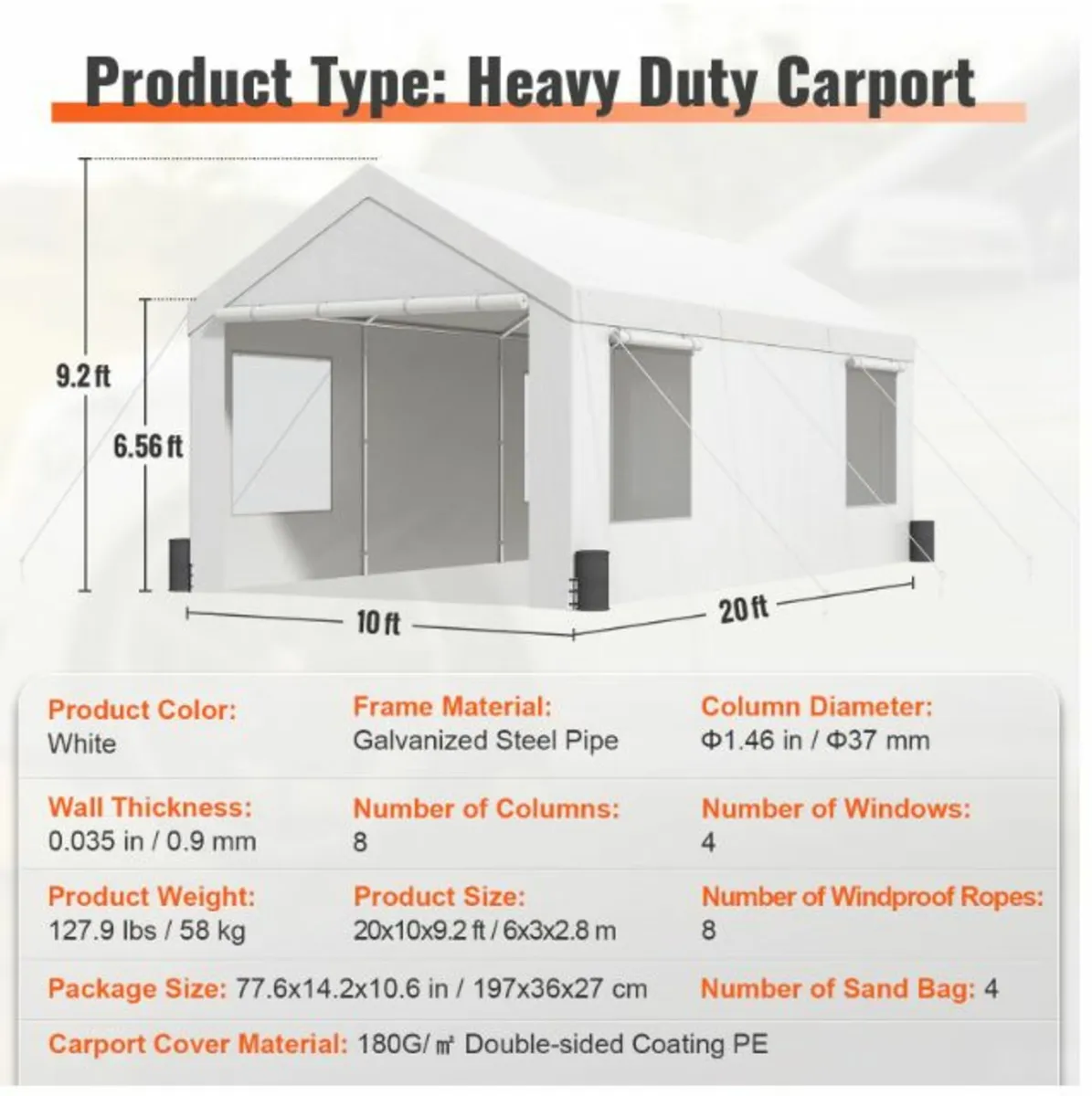 3x6m & 8 Legs Carport Car Canopy Garage Tent White - Image 2