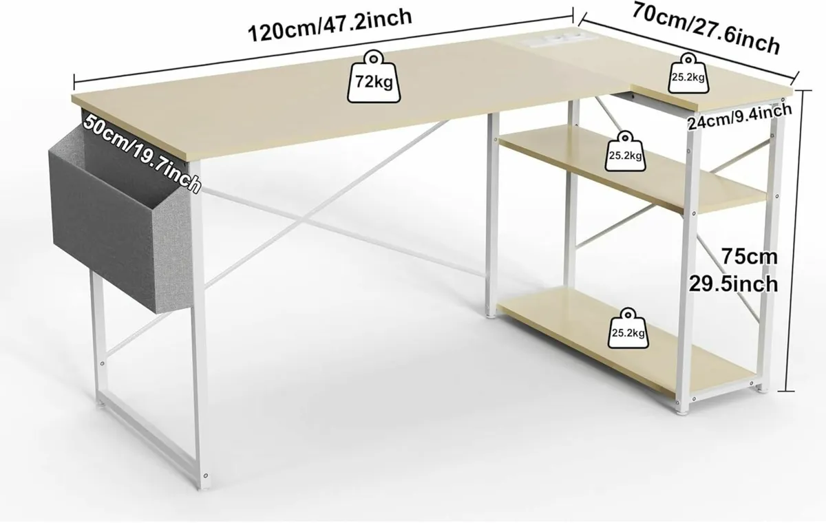 L Shaped Office Desk Power Outlets 120x70cm White - Image 2