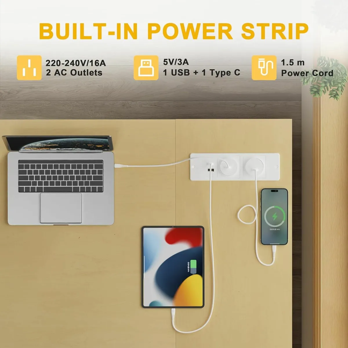 L Shaped Office Desk Power Outlets 120x70cm White - Image 3