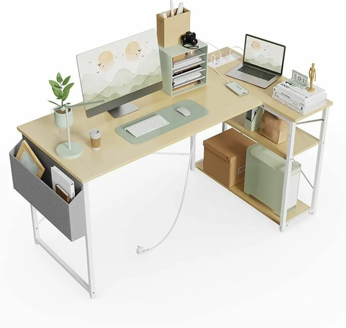 L Shaped Office Desk Power Outlets 120x70cm White - Image 1