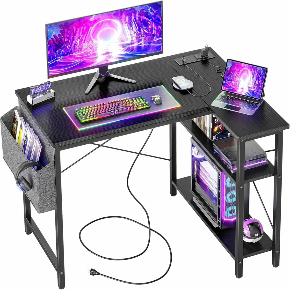 L Shaped Gaming Office Black Desk Outlets100x70cm - Image 1