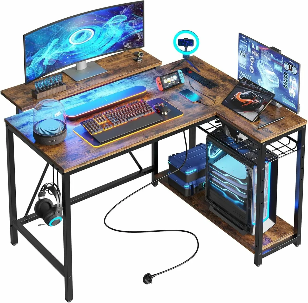 L-Shaped Office Gaming Desk Outlets & USB 106x82cm - Image 1