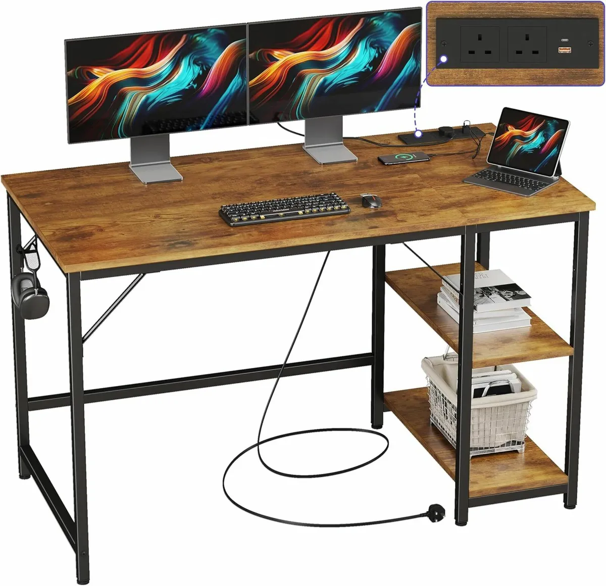 Computer Desk 120cm Office Table Power Outlets USB - Image 1