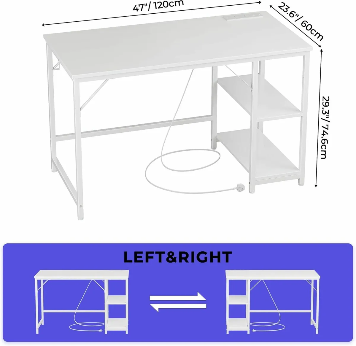 Computer Desk, 120x60cm Office Desk Power Outlets - Image 4