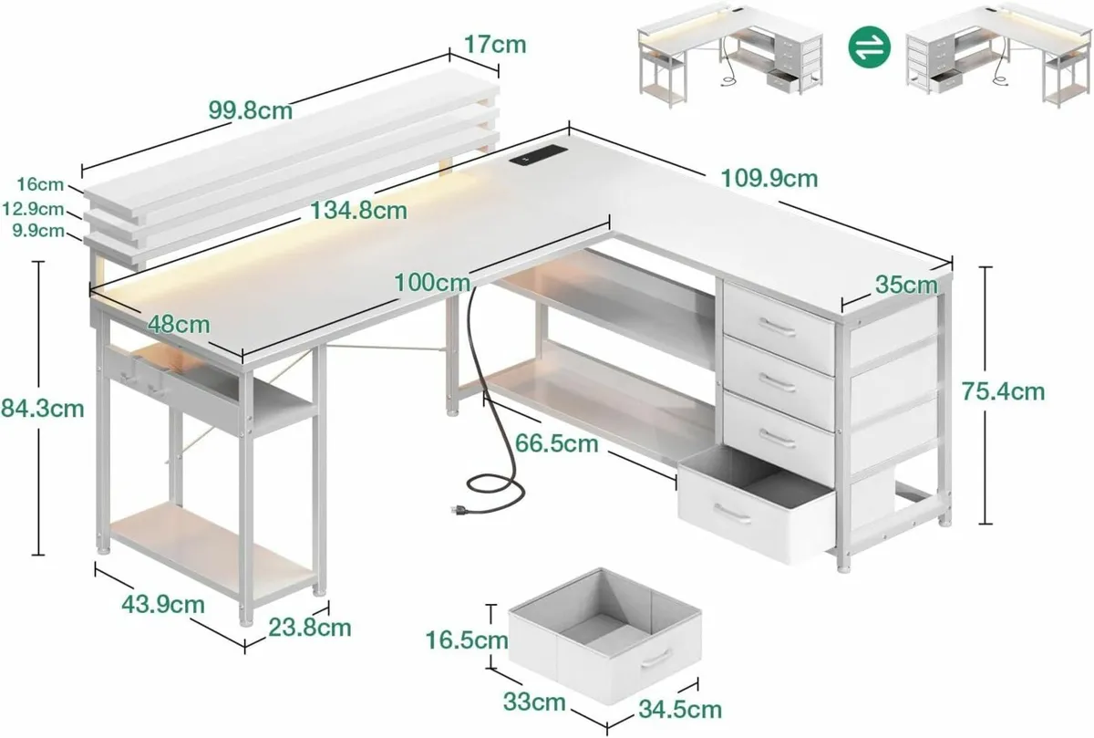 Corner Drawers Gaming office Desk LED 135×110cm - Image 2